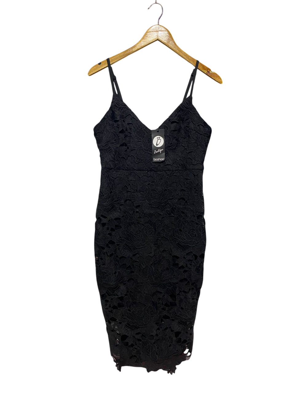 BOOHOO |M| BUST 16| B8| BOUTIQUE PREMIUM FLORAL LACE BODYCON MIDI DRESS IN BLACK