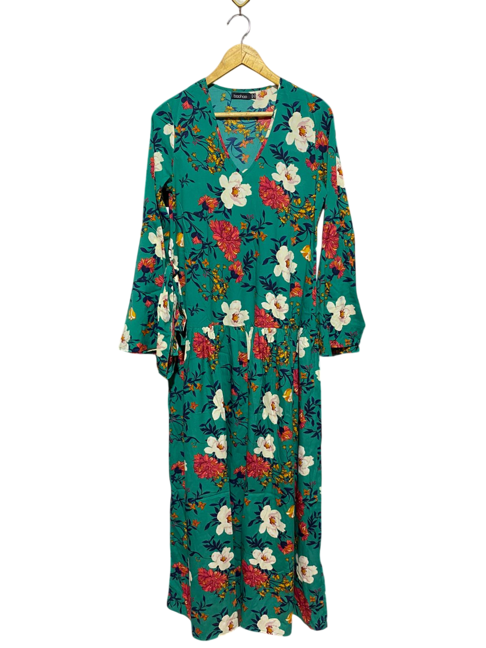 BOOHOO |M| BUST 18| B8| V-NECK LONG SLEEVE FLORAL MAXI DRESS IN VIBRANT TEAL