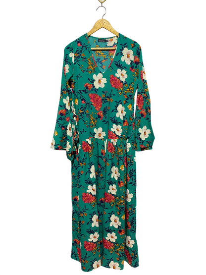 BOOHOO |M| BUST 18| B8| V-NECK LONG SLEEVE FLORAL MAXI DRESS IN VIBRANT TEAL