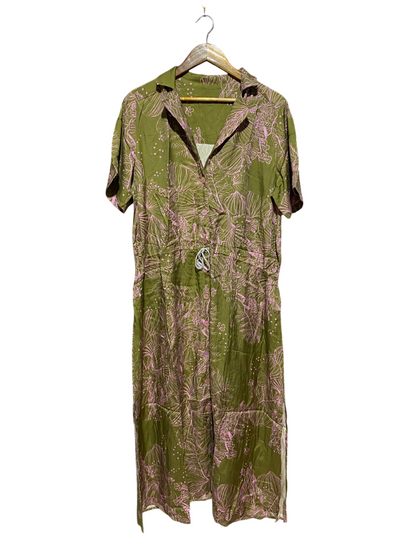 |L| BUST 22| B8| BOHO FLORAL PRINT BUTTON-DOWN MAXI DRESS IN OLIVE AND PINK