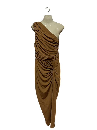 AX |M| BUST 16| B8| ELEGANT ONE-SHOULDER RUCHED MIDI DRESS IN CARAMEL BROWN