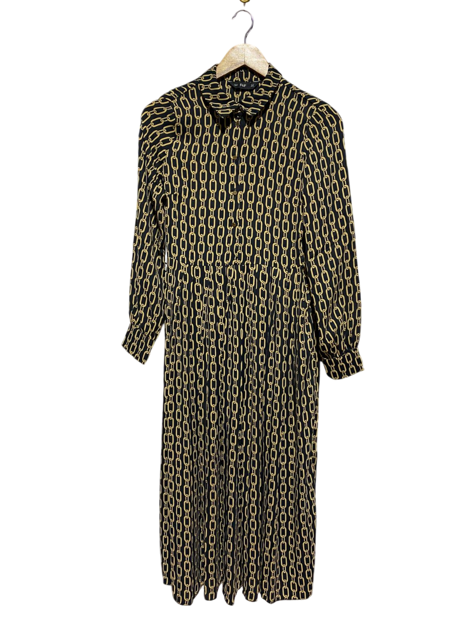 F&F |M| BUST 18| B8| BLACK AND GOLD CHAIN PRINT LONG SLEEVE MAXI DRESS