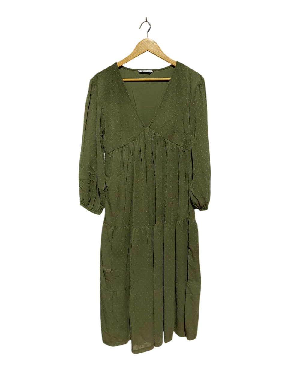 STRADIVARIUS |S| BUST 17| B8| OLIVE GREEN SWISS DOT TIERED MIDI DRESS
