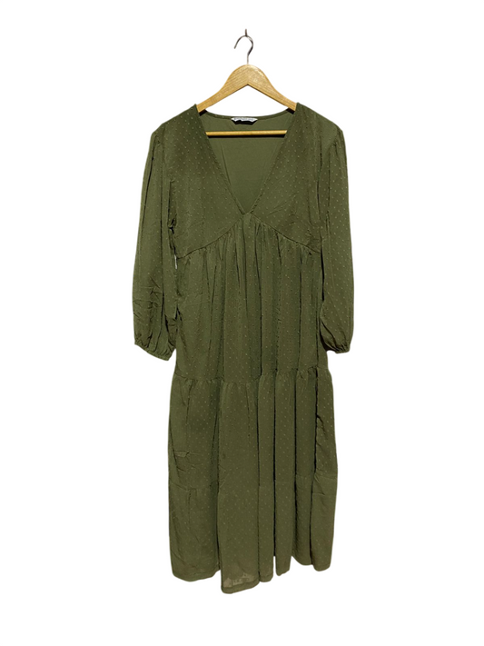STRADIVARIUS |S| BUST 17| B8| OLIVE GREEN SWISS DOT TIERED MIDI DRESS