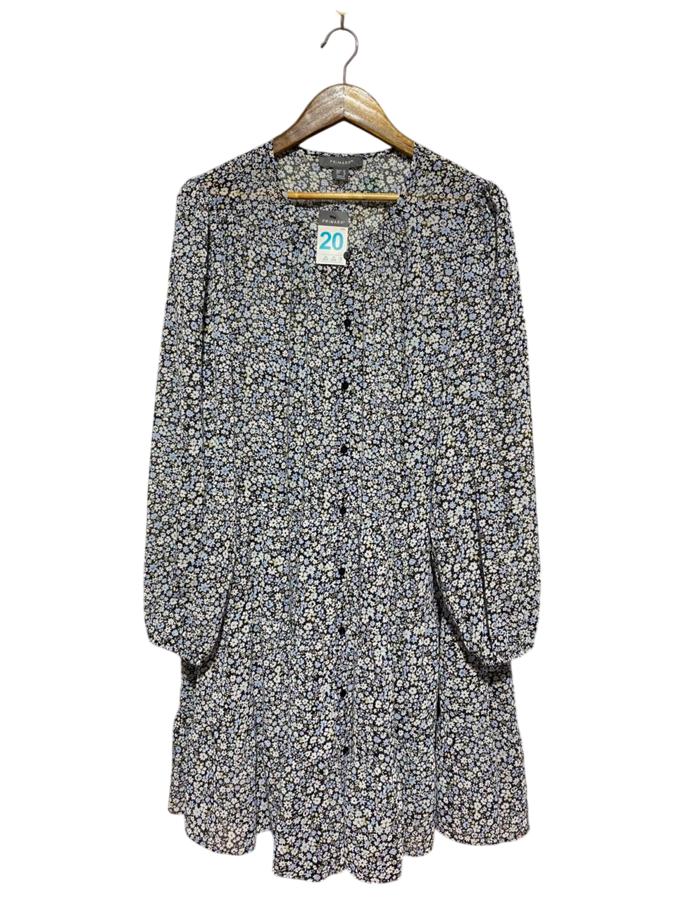 PRIMARK |L| BUST 24| B8| BLUE FLORAL LONG SLEEVE MINI DRESS