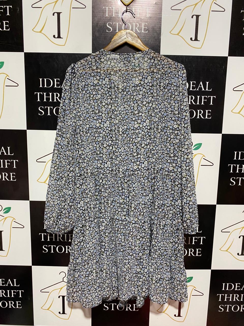 PRIMARK |L| BUST 24| B8| BLUE FLORAL LONG SLEEVE MINI DRESS