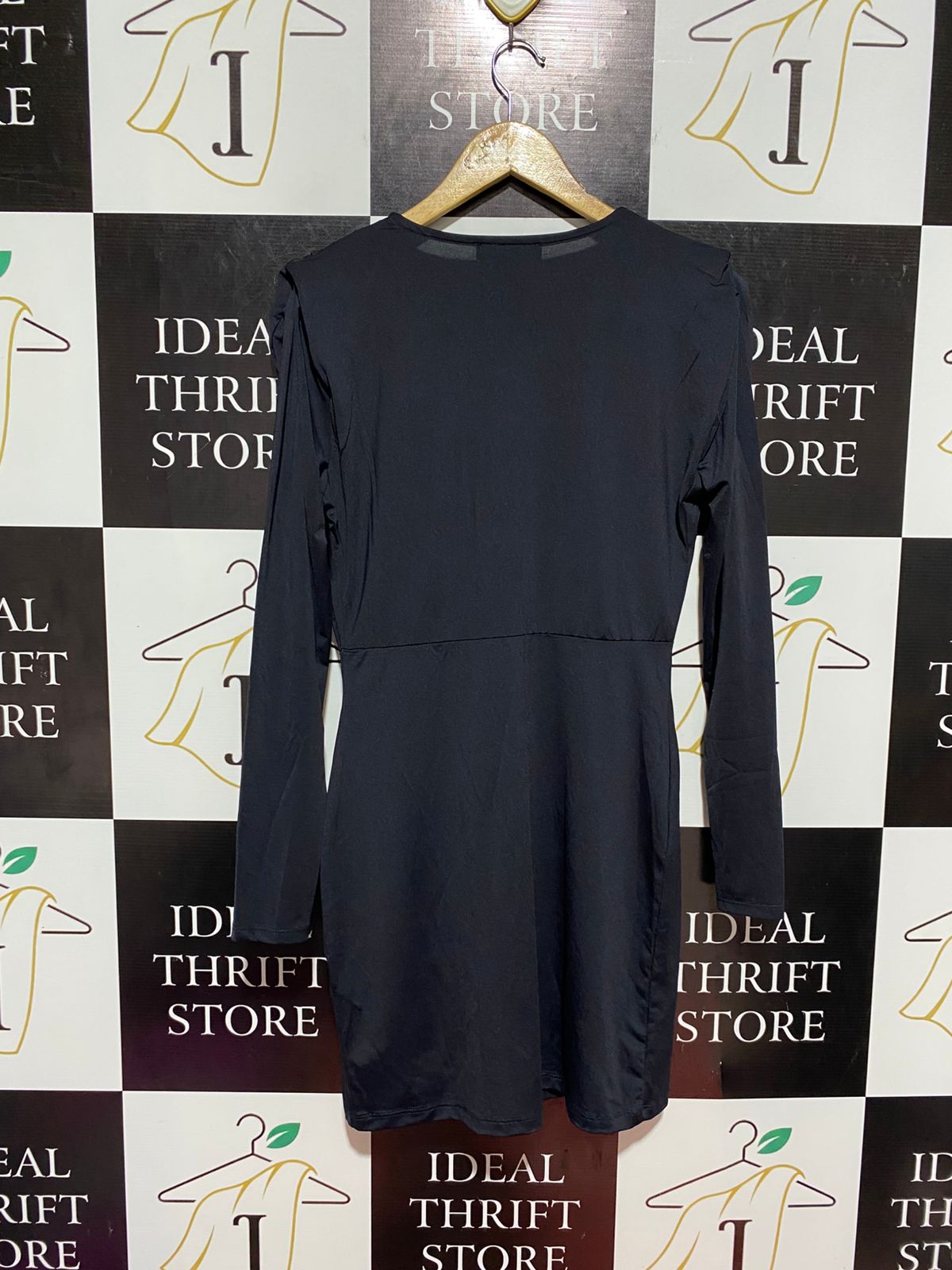 PRIMARK |M| BUST 19| B8| SLEEK BLACK ROUCHED FRONT LONG SLEEVE MINI DRESS