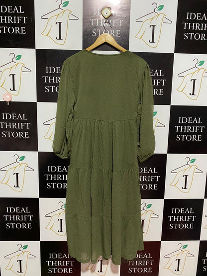 STRADIVARIUS |S| BUST 17| B8| OLIVE GREEN SWISS DOT TIERED MIDI DRESS