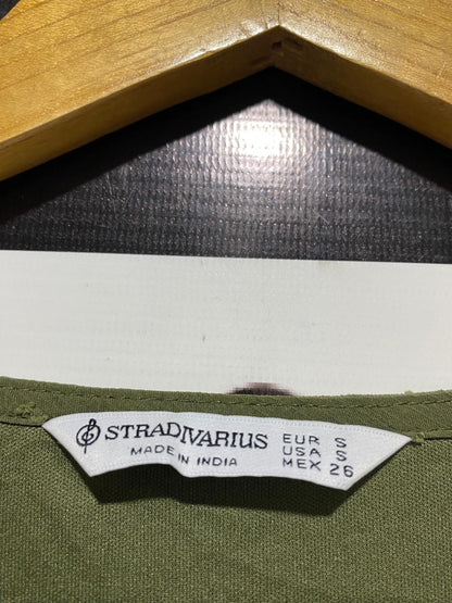 STRADIVARIUS |S| BUST 17| B8| OLIVE GREEN SWISS DOT TIERED MIDI DRESS