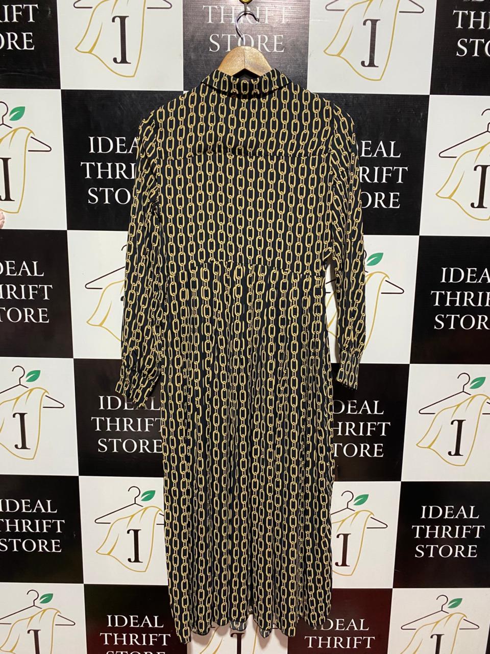 F&F |M| BUST 18| B8| BLACK AND GOLD CHAIN PRINT LONG SLEEVE MAXI DRESS