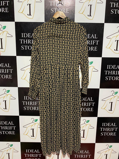 F&F |M| BUST 18| B8| BLACK AND GOLD CHAIN PRINT LONG SLEEVE MAXI DRESS