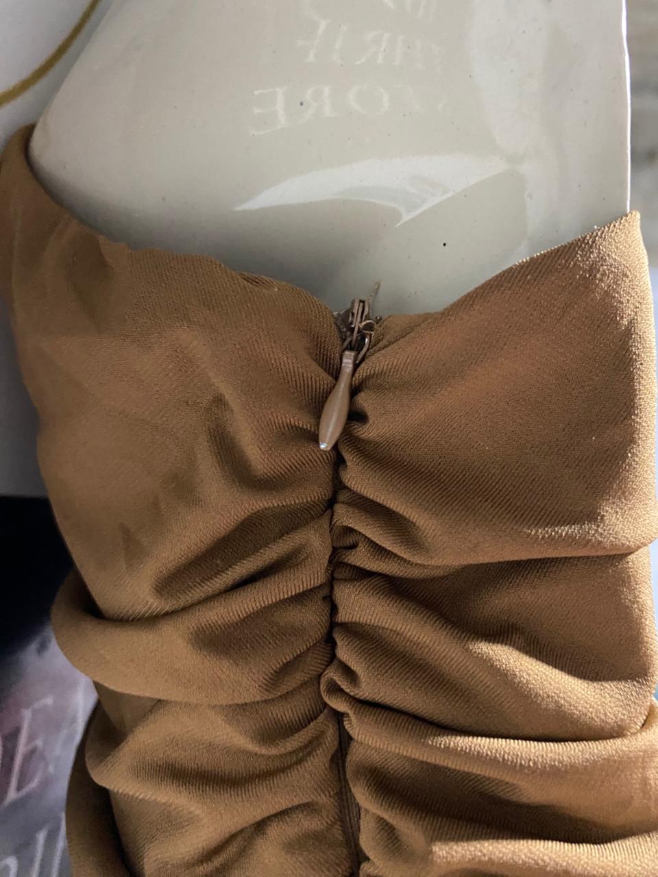 AX |M| BUST 16| B8| ELEGANT ONE-SHOULDER RUCHED MIDI DRESS IN CARAMEL BROWN