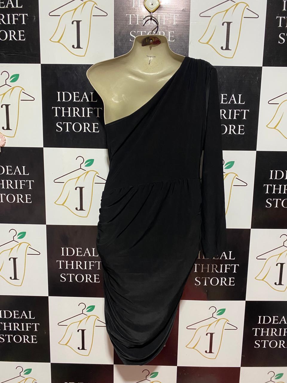 FEMME LUXE |L|BUST 19| B8| CHIC ONE-SHOULDER LONG SLEEVE MINI DRESS IN CLASSIC BLACK