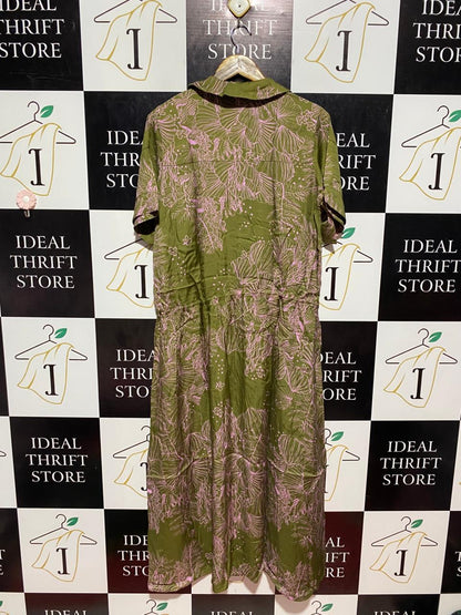 |L| BUST 22| B8| BOHO FLORAL PRINT BUTTON-DOWN MAXI DRESS IN OLIVE AND PINK