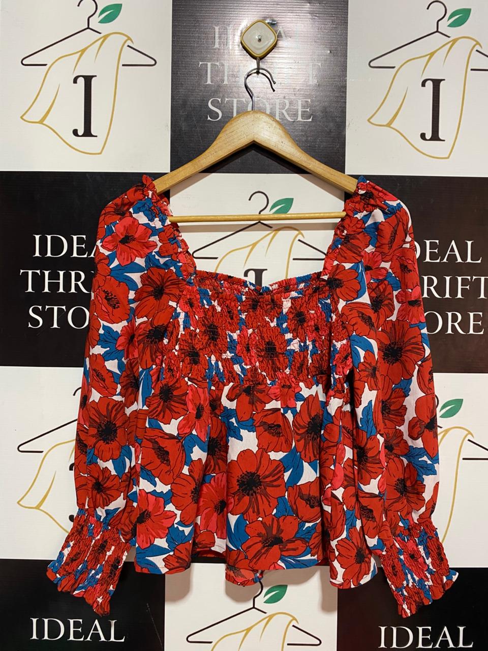 PETITE |S| BUST 15| B8| RED FLORAL SMOCKED LONG SLEEVE PEPLUM TOP