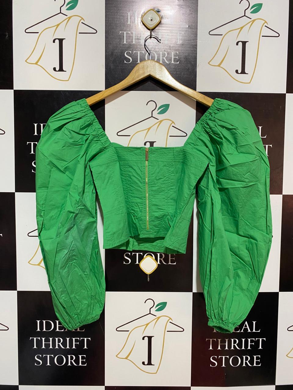 KAREN MILLEN |S| BUST 14| B8| BRIGHT GREEN PUFF SLEEVE CORSET STYLE BLOUSE
