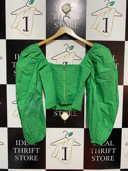 KAREN MILLEN |S| BUST 14| B8| BRIGHT GREEN PUFF SLEEVE CORSET STYLE BLOUSE