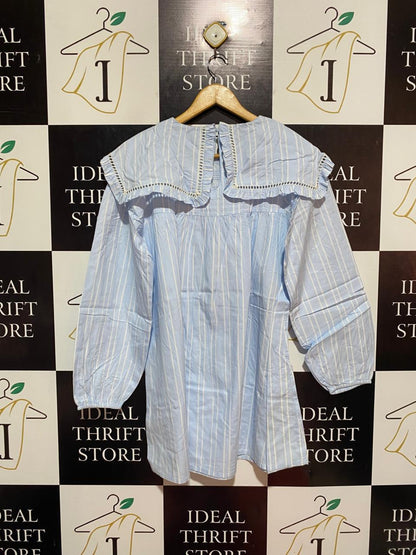 NEON ROSE |S| BUST 18| B8| PALE BLUE STRIPED OVERSIZED PETER PAN COLLAR BLOUSE