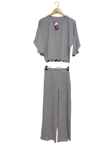 YUNXIN |L| B9| ELEGANT GREY TWO-PIECE CO-ORD SET WITH PEARL EMBELLISHMENTS