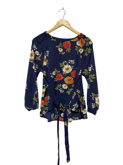 |M| BUST 20| B9| ELEGANT NAVY BLUE FLORAL PRINT WAIST-TIE BLOUSE