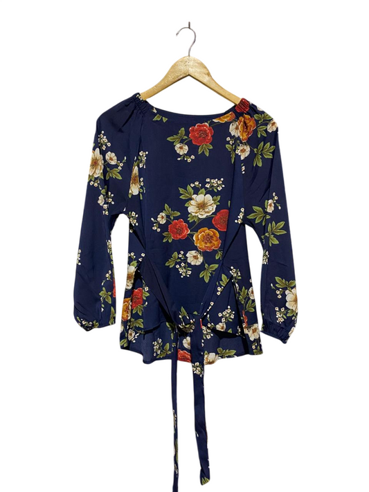 |M| BUST 20| B9| ELEGANT NAVY BLUE FLORAL PRINT WAIST-TIE BLOUSE