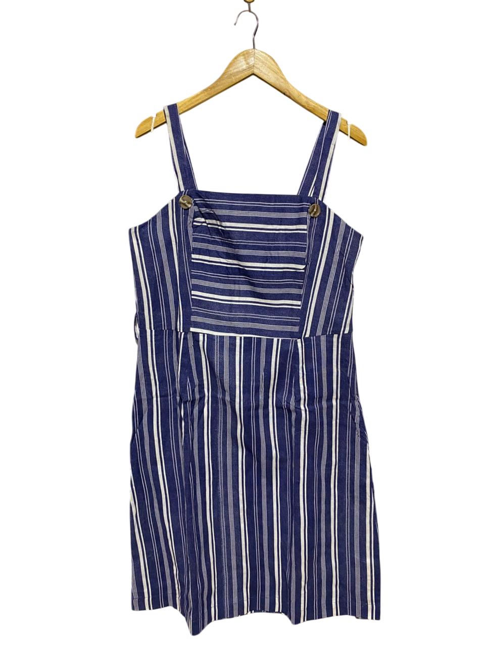 SELECT |L| BUST 19| B9| BLUE AND WHITE VERTICAL STRIPED LINEN-BLEND PINAFORE DRESS