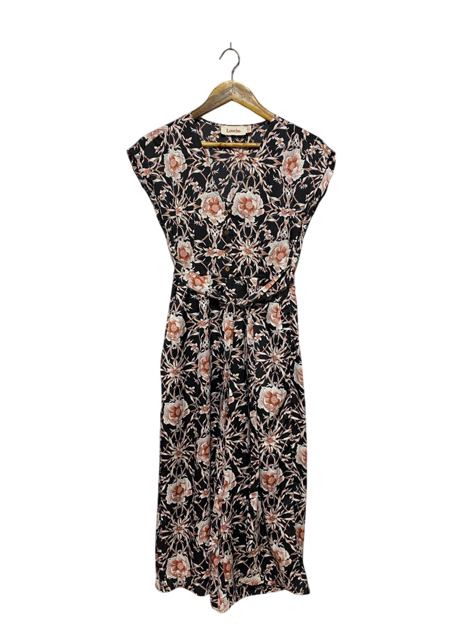 LOUCHE |M| BUST 18| B9| VINTAGE FLORAL V-NECK MAXI DRESS WITH WAIST TIE