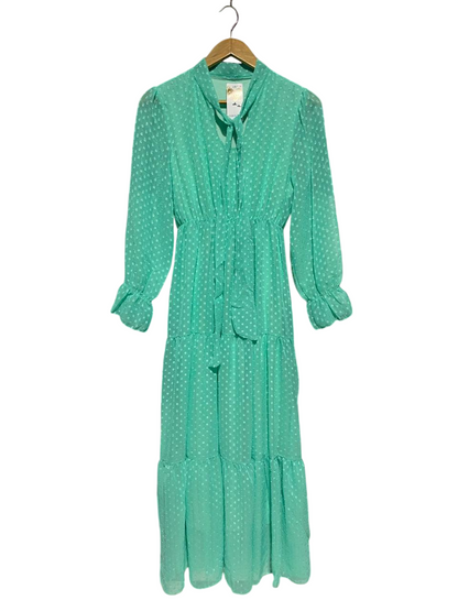 |M| BUST 17| B9| MINT GREEN SWISS DOT TIERED MAXI DRESS WITH TIE NECK