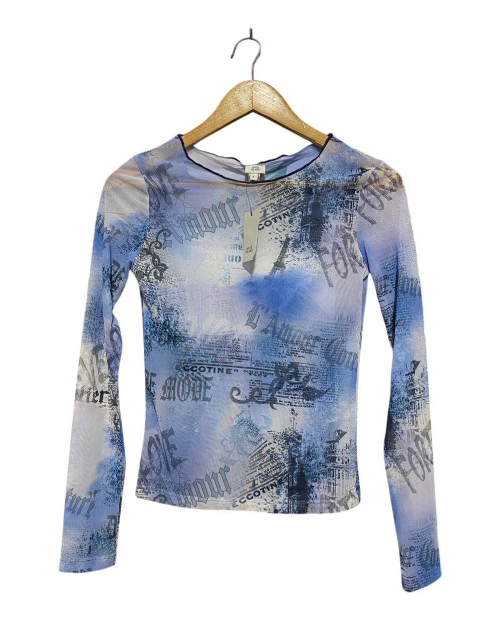 RIVER ISLAND |S| BUST 15| B9| NEWSPAPER PRINT MESH LONG SLEEVE TOP