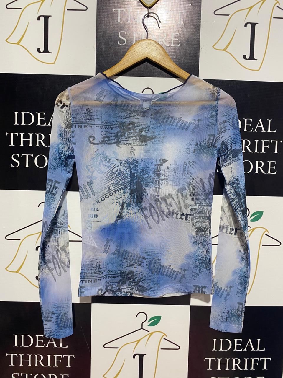 RIVER ISLAND |S| BUST 15| B9| NEWSPAPER PRINT MESH LONG SLEEVE TOP