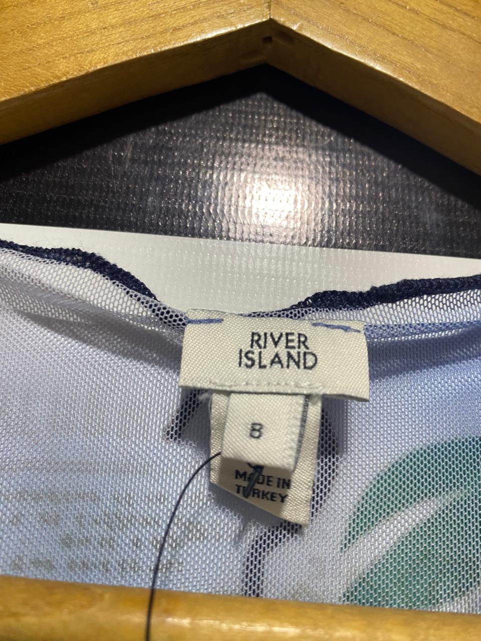 RIVER ISLAND |S| BUST 15| B9| NEWSPAPER PRINT MESH LONG SLEEVE TOP