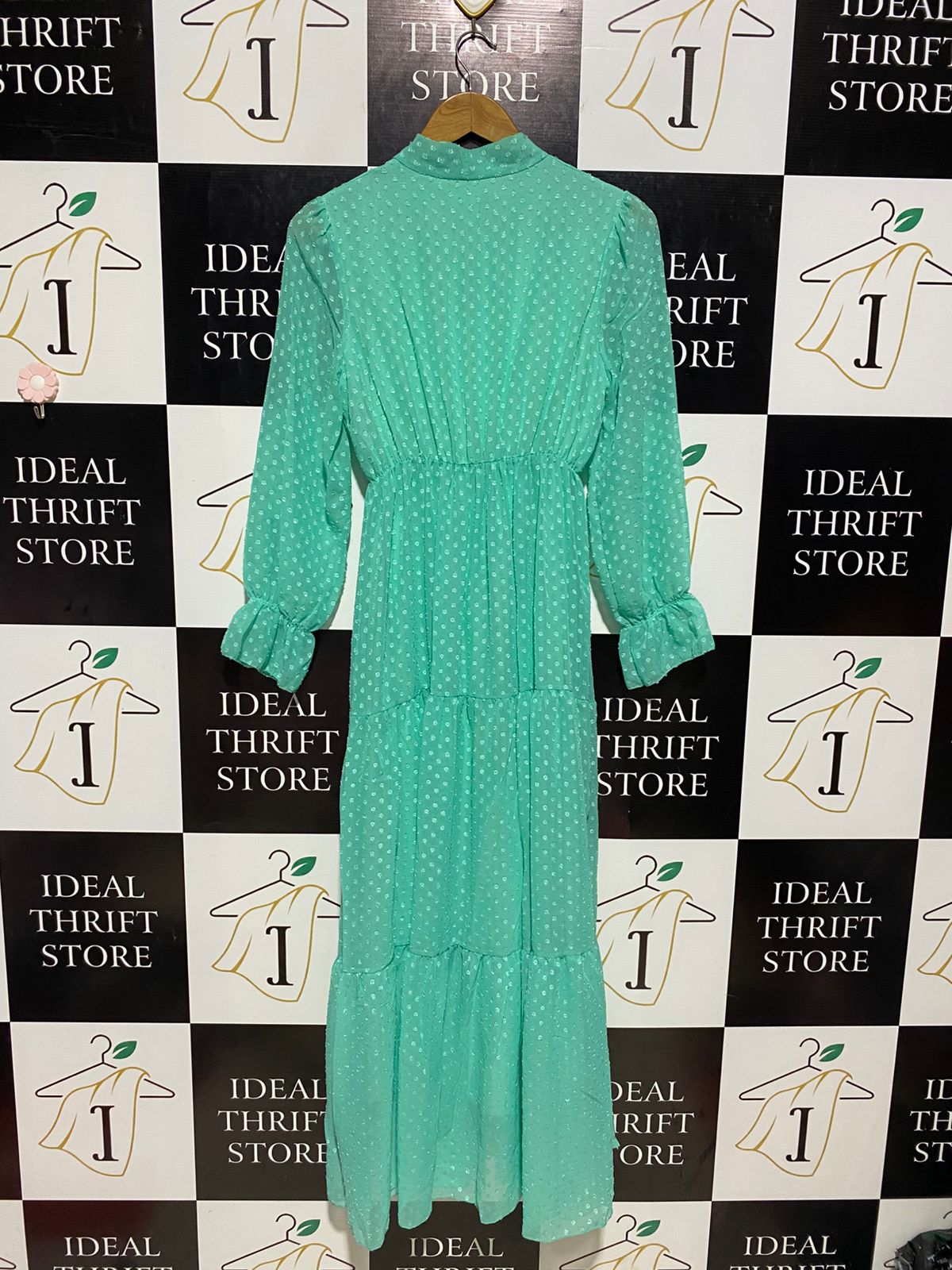|M| BUST 17| B9| MINT GREEN SWISS DOT TIERED MAXI DRESS WITH TIE NECK