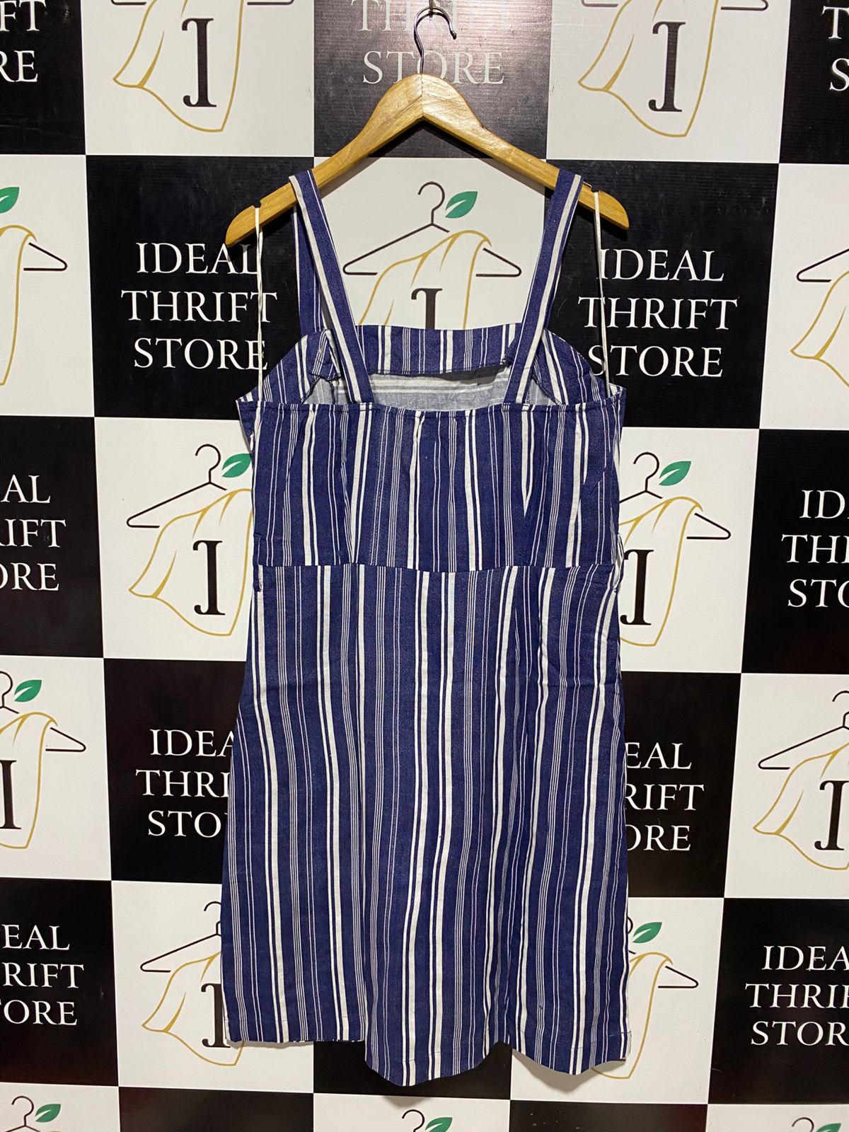 SELECT |L| BUST 19| B9| BLUE AND WHITE VERTICAL STRIPED LINEN-BLEND PINAFORE DRESS