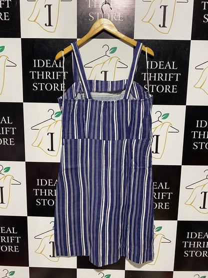 SELECT |L| BUST 19| B9| BLUE AND WHITE VERTICAL STRIPED LINEN-BLEND PINAFORE DRESS