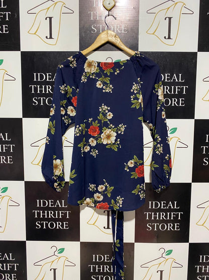 |M| BUST 20| B9| ELEGANT NAVY BLUE FLORAL PRINT WAIST-TIE BLOUSE