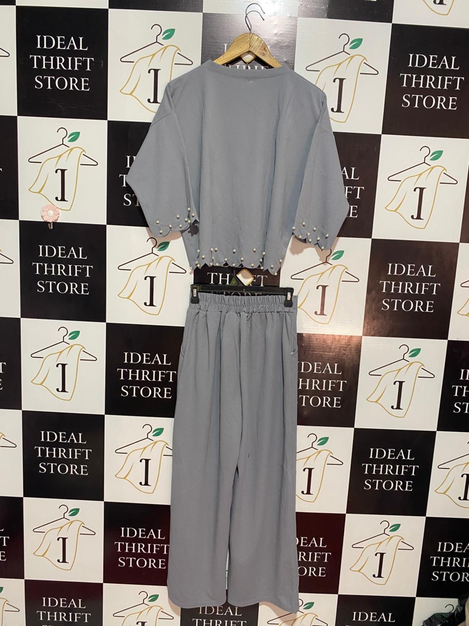 YUNXIN |L| B9| ELEGANT GREY TWO-PIECE CO-ORD SET WITH PEARL EMBELLISHMENTS