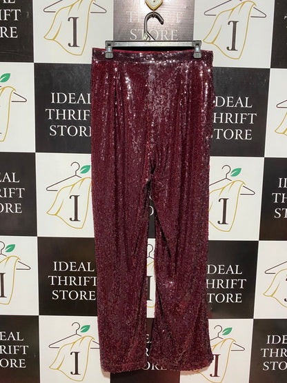 PRIMARK |L| WAIST 30| B9| LUXURY BURGUNDY SEQUIN HIGH-WAISTED WIDE-LEG PARTY TROUSERS