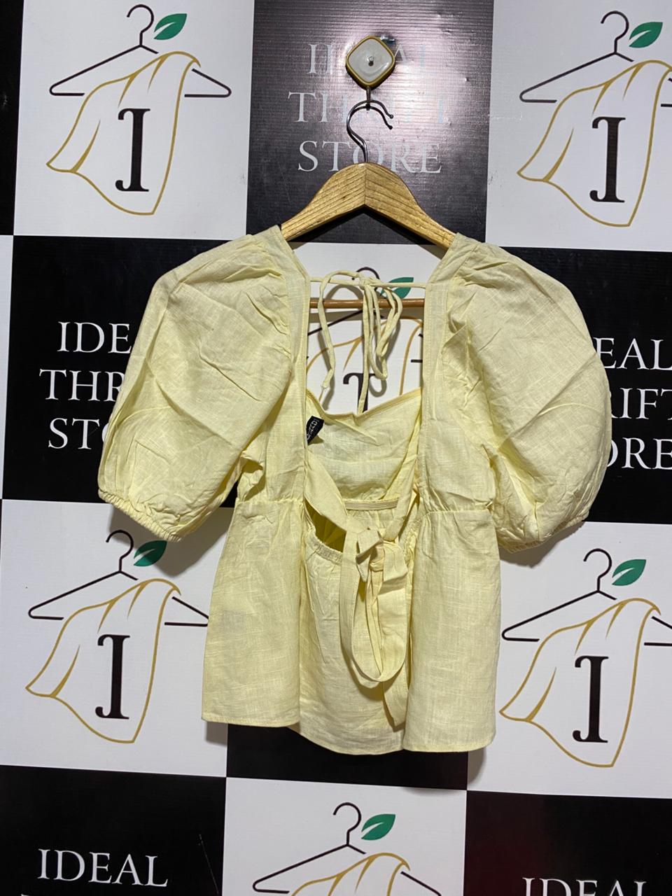 H&M |S| BUST 14| B8| LINEN BLEND PUFF SLEEVE TIE-BACK TOP IN LEMON YELLOW