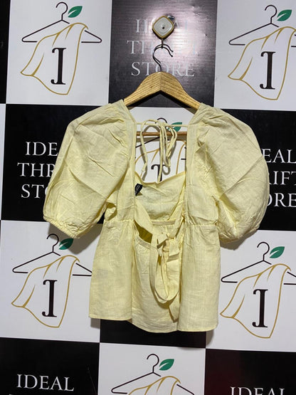 H&M |S| BUST 14| B8| LINEN BLEND PUFF SLEEVE TIE-BACK TOP IN LEMON YELLOW