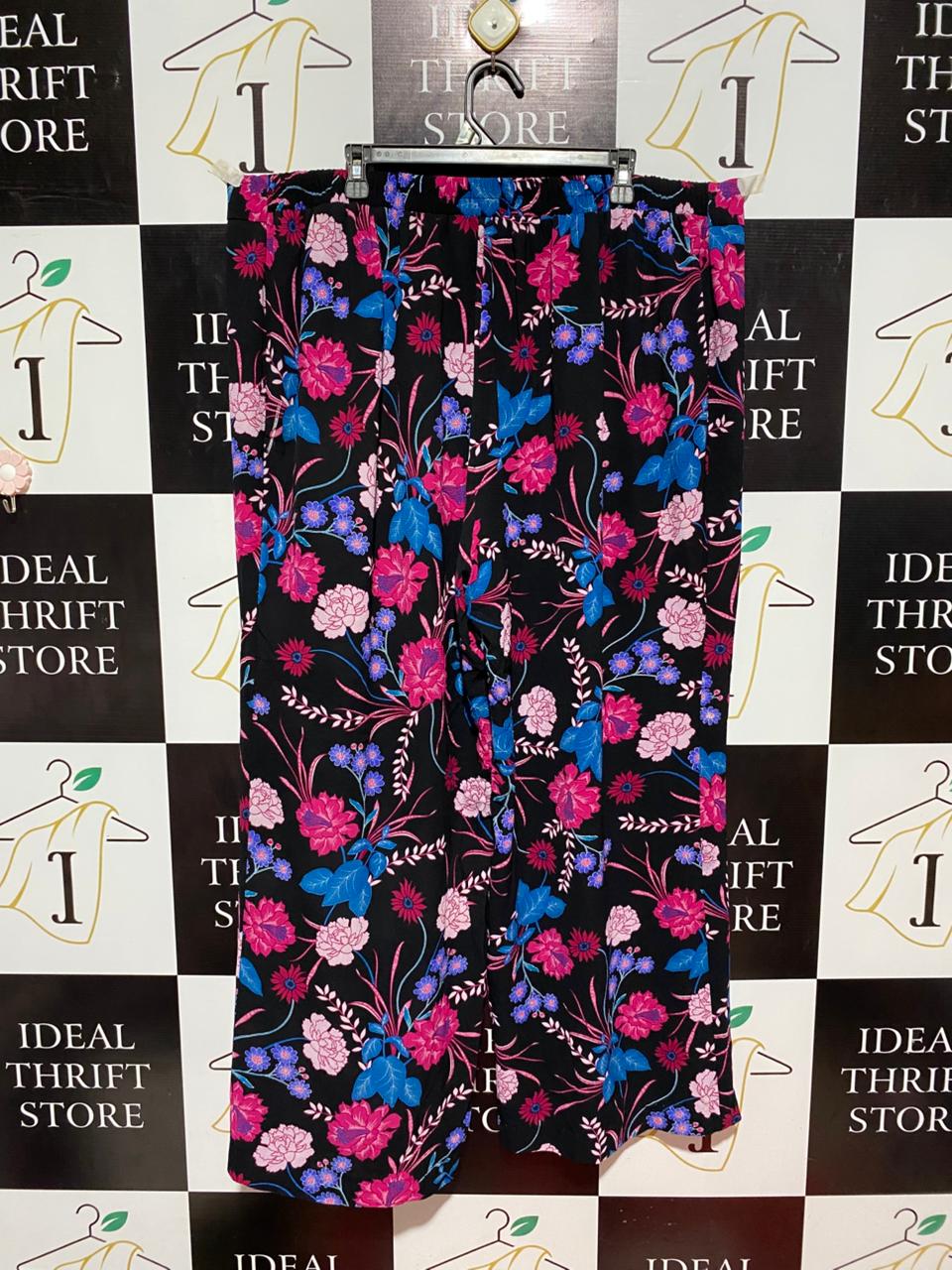 EVANS |XXL| WAIST 44| B8| VIBRANT FLORAL PRINT WIDE-LEG TROUSERS - BLACK WITH PINK & BLUE ACCENTS