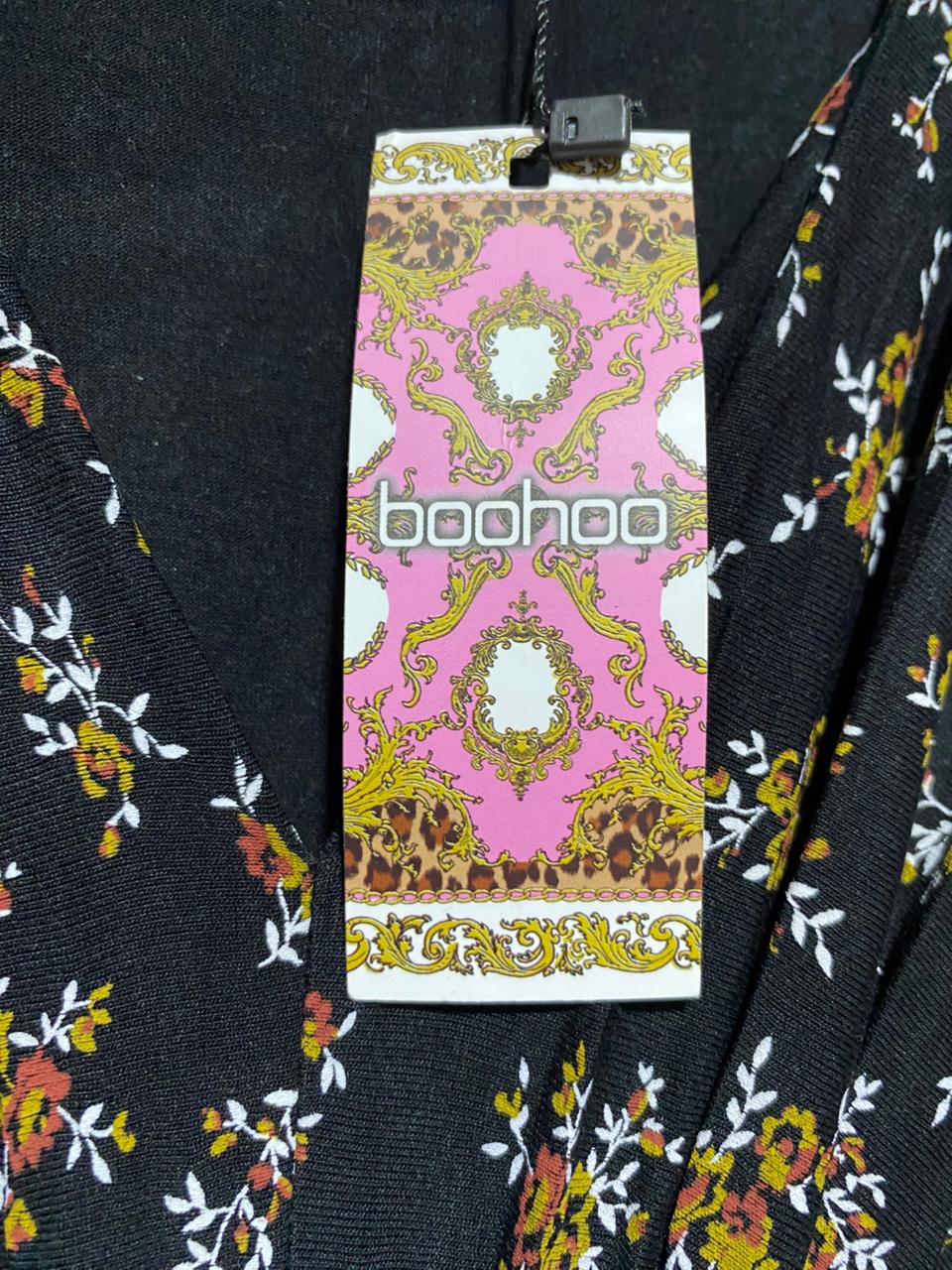 BOOHOO |S| BUST 17| B8| WOMEN'S KNOT FRONT LONG SLEEVE FLORAL MINI DRESS - BLACK