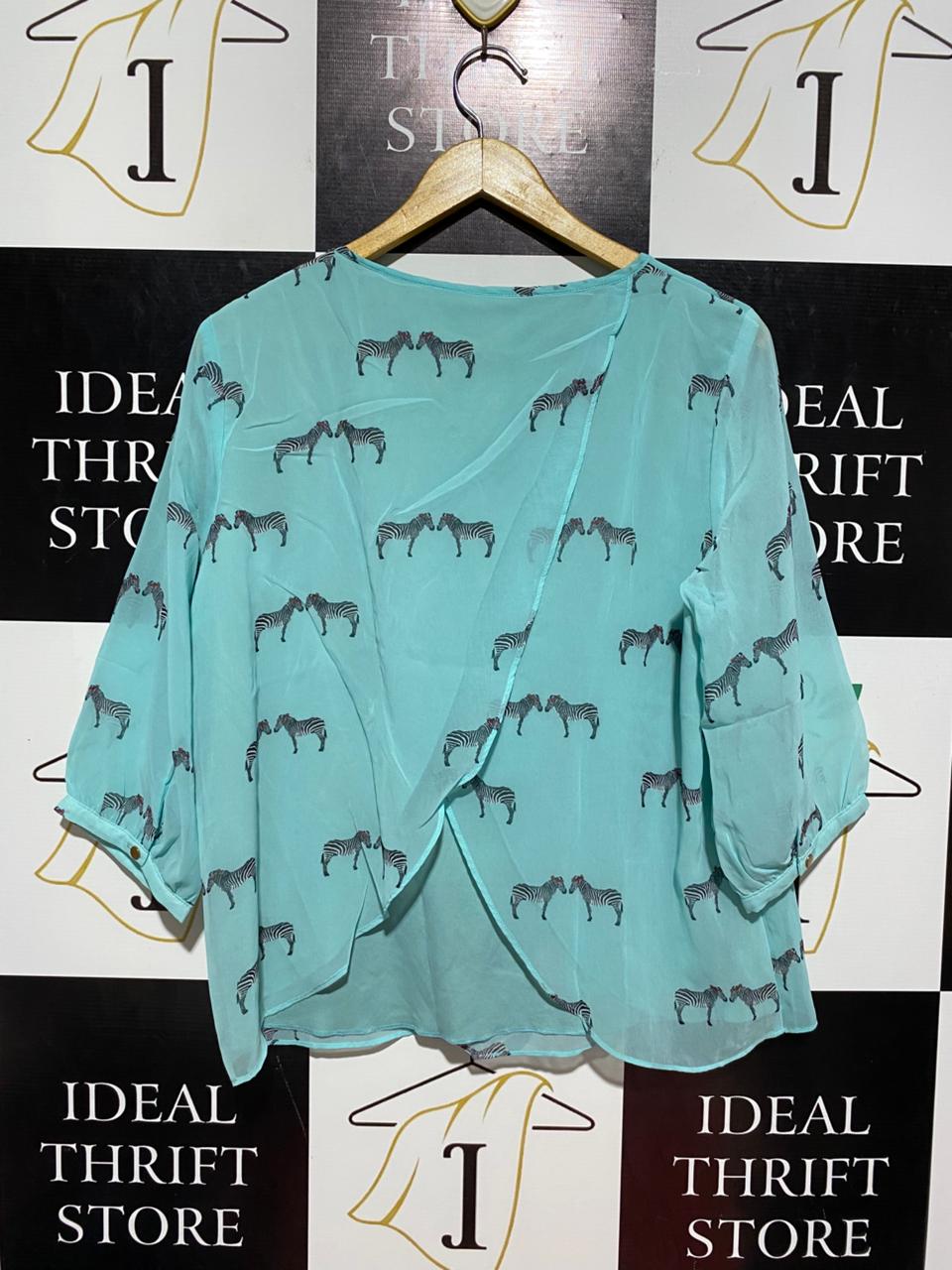 SUGARHILL |L| BUST 21| B8| BRIGHT AQUA ZEBRA PRINT SHEER BLOUSE
