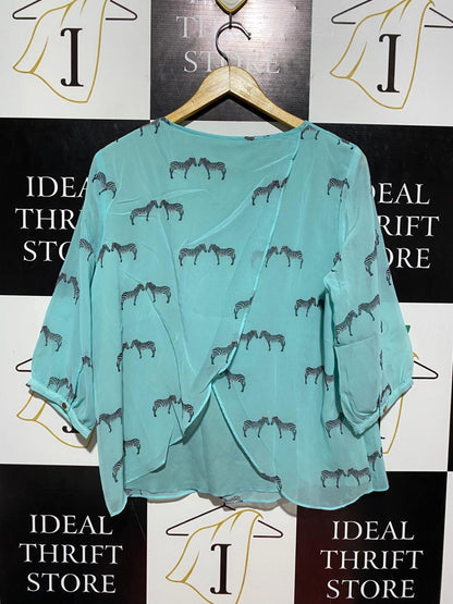 SUGARHILL |L| BUST 21| B8| BRIGHT AQUA ZEBRA PRINT SHEER BLOUSE