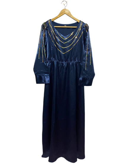 SHEIN |L| BUST 20| B9| LUXURY NAVY BLUE SATIN MAXI DRESS WITH GOLD SEQUIN EMBELLISHMENT