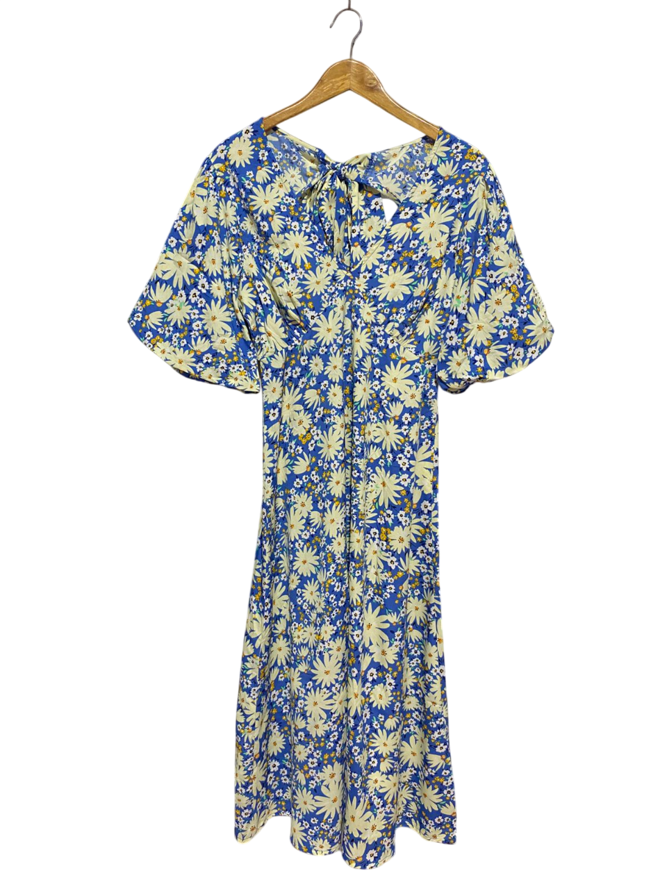 |M| BUST 19| B9| VIBRANT BLUE DAISY FLORAL V-NECK MIDI DRESS WITH BACK TIE