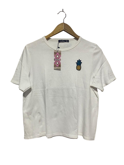 BOOHOO |L| BUST 21| B9| PINEAPPLE EMBROIDERED WHITE COTTON T-SHIRT