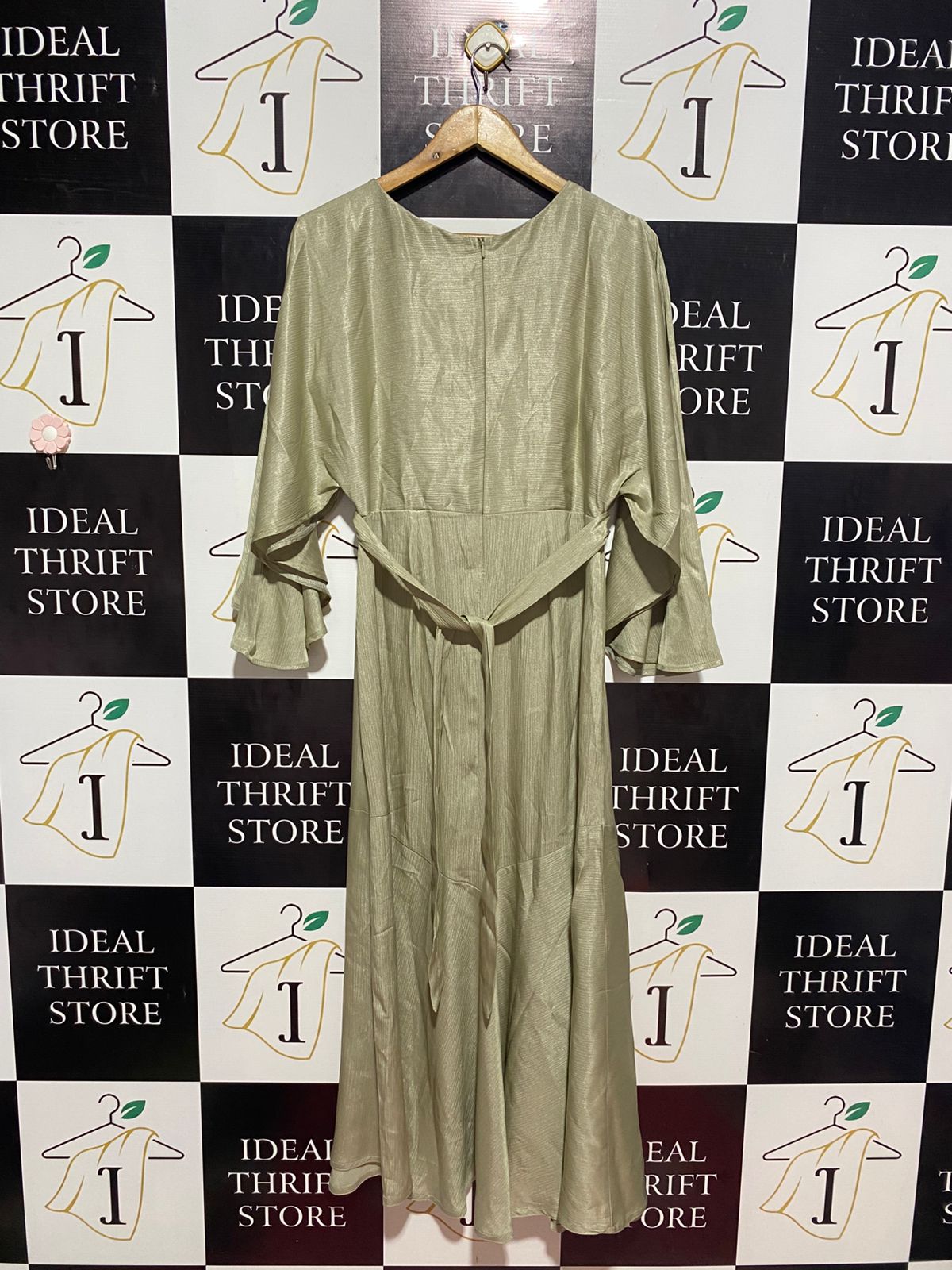 |L| BUST FREE | B9| ELEGANT SAGE GREEN METALLIC SHIMMER MAXI DRESS WITH BELL SLEEVES