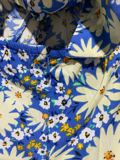 |M| BUST 19| B9| VIBRANT BLUE DAISY FLORAL V-NECK MIDI DRESS WITH BACK TIE