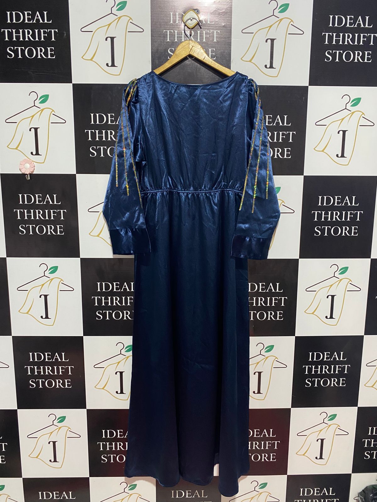 SHEIN |L| BUST 20| B9| LUXURY NAVY BLUE SATIN MAXI DRESS WITH GOLD SEQUIN EMBELLISHMENT