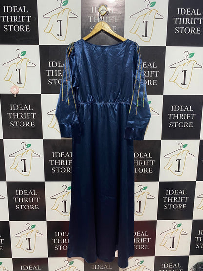 SHEIN |L| BUST 20| B9| LUXURY NAVY BLUE SATIN MAXI DRESS WITH GOLD SEQUIN EMBELLISHMENT